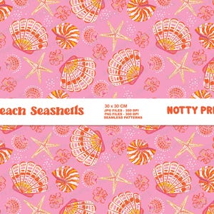 Trendy Pink Summer seashells seamless pattern , Boho summer seamless pattern for fabrics ,Bright pastel beach digital download