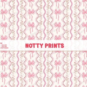 Valentine Bow Heart Stripes Seamless Repeating Pattern, Pink and wild Floral Seamless Pattern, Valentine coquette Digital Download File