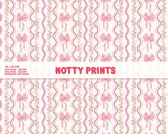 Valentine Floral Bow Seamless Pattern, Pink Stripes (Digital Download)