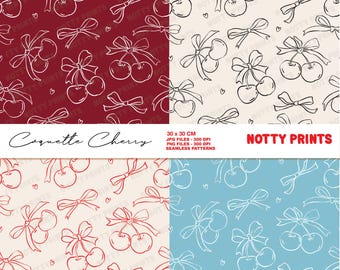 Cherry Seamless Pattern, Coquette Bow, Line Art (Digital Download)