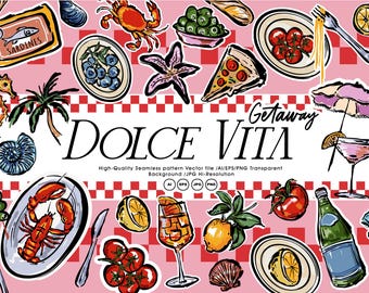 Italian Summer Coast Seamless Pattern Dolce Vita Getaway collection  18  Bundle prints (Digital File) 45 Png elements commercial use