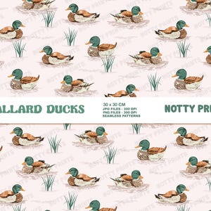 May include: A seamless pattern featuring a repeating design of mallard ducks swimming in a pond with green reeds. The ducks are brown and white with orange beaks. The background is a light pink colour. The text "Mallard Ducks" and "Notty Prints" is included in the design.
