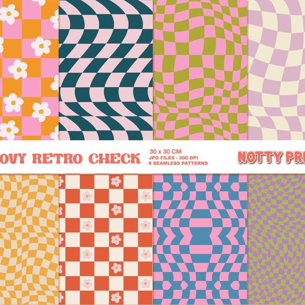 Set of Retro Checker Seamless Digital Paper, Groovy Style Checkered Pattern, Checks Background, Checkerboard Prints, Instant download file