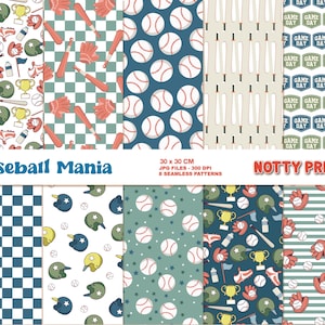 BASEBALL MANIA,  Retro Ballpark Backgrounds, Baseball Spring Sports Seamless Repeat Pattern, Printable Digital Paper Instant Download
