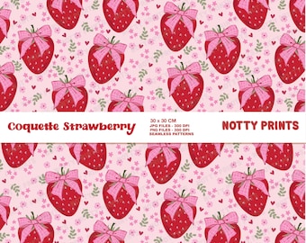 Coquette Strawberry Seamless Pattern, Valentine Fabric, Digital Paper (JPG, PNG)