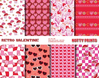 Retro Valentine Seamless Pattern, Hearts, Mushrooms (Digital Download)