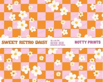 Retro Flower Seamless Pattern, Pink Orange Check (Digital Download)