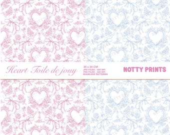 Pink & Blue Heart Toile de Jouy Seamless Pattern (Digital Download)