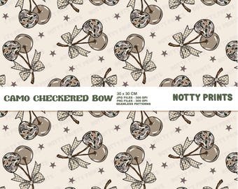 Camo Cherry Bow Seamless Pattern, Checkered Print (Digital Download)