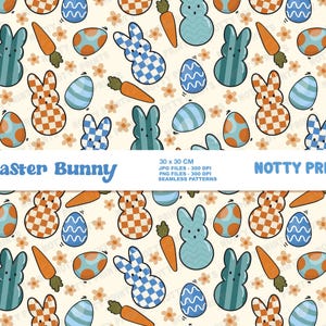 May include: A seamless pattern featuring blue and orange checkered Easter bunnies, blue and white striped Easter eggs, blue and white wavy Easter eggs, orange and white polka dot Easter eggs, and orange carrots on a light yellow background.