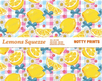 Lemons Bows Checkered Fabric Print, Seamless Summer Pattern (Digital Download)