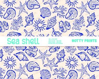 Blue Sea Shell Seamless Pattern, Boho Coastal Design (Digital Download)