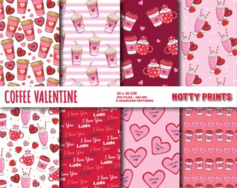 Valentine Coffee Hearts Seamless Pattern, Digital Paper (JPG/PNG)