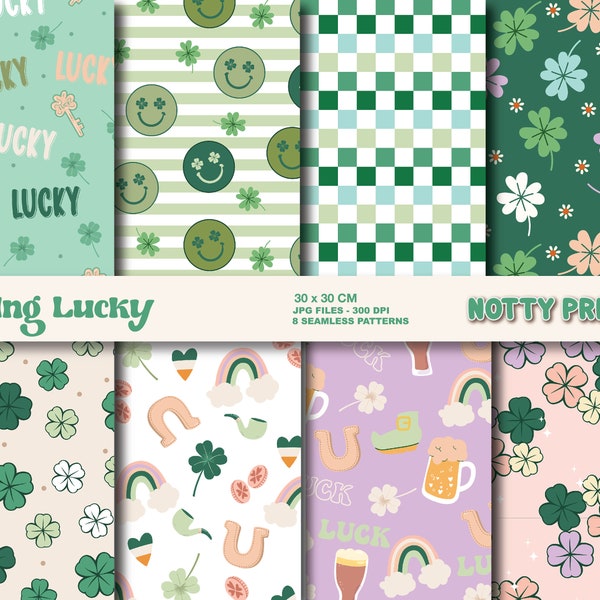 Feeling Lucky Irish Shamrock Four Leaf Clover Seamless Repeat Pattern, St Patrick's Day Backgrounds, Printable Digital Paper Download