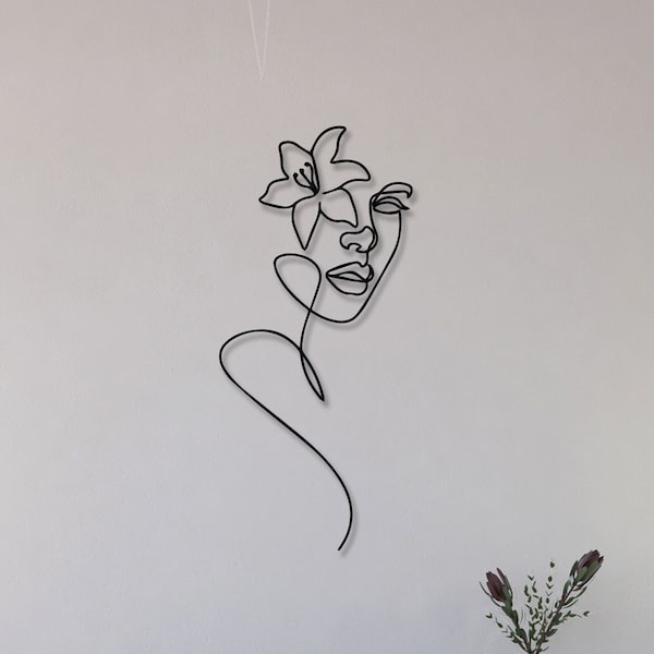 Woman Floral Face Metal Wall Art, Minimalist Line Art, Unique Wall Sign, Abstract Line Art, Woman With Flowers, One Line Home Art, Gift Her