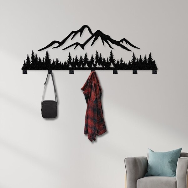 Mountain and Forest Metal Coat Rack Wall Mount Extra Large, Entryway Organizer, Decorative Hooks, Modern Wall Hanger, Best Christmas Gift