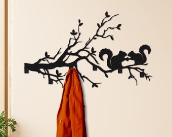 Squirrel on Branch Metal Coat Rack Wall Mount, Modern Clothes Hanger, Entryway Rack & Organizer, Tree Branch Wall Decor, Coat Hook Unique