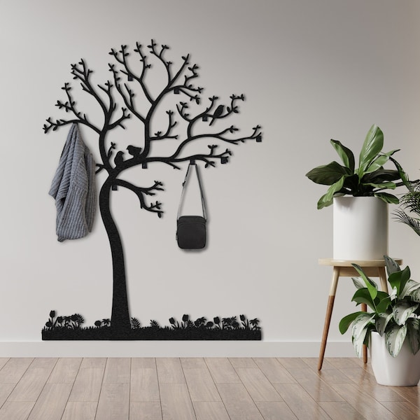 Oversized Metal Tree Coat Rack Birds on Branch, Wall Mounted Modern Clothes Hanger, Decorative Hooks, Entryway Organizer, Minimalist Hooks