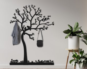 Oversized Metal Tree Coat Rack Birds on Branch, Wall Mounted Modern Clothes Hanger, Decorative Hooks, Entryway Organizer, Minimalist Hooks