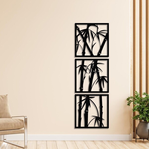 Bamboo Metal Wall Decor, Set of 3 Floral Art, Vertical Wall Decor, Bathroom Decorations, Tropical Wall Art, Large Wall Art, First Home Gift