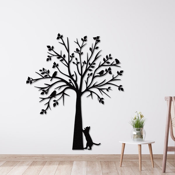 Art mural en métal d’arbre à chat, cadeau unique pour la maison, décor de grand arbre, décor mural nature, cadeau pour les amoureux des chats, décoration d’entrée, vie naturelle, décor d’automne