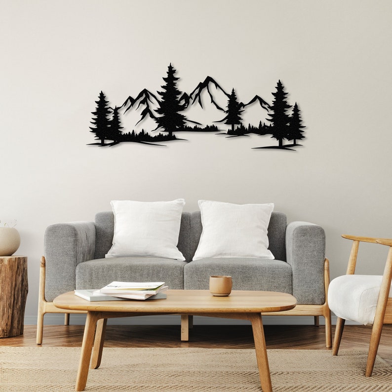 3D Metall Wald Wandbild, immergrüne Bäume, immergrüne Bäume, Wald Wand Kunst, Geschenk für Kinder, Kinderzimmer, Weihnachtsgeschenk, Hill Wall, Black