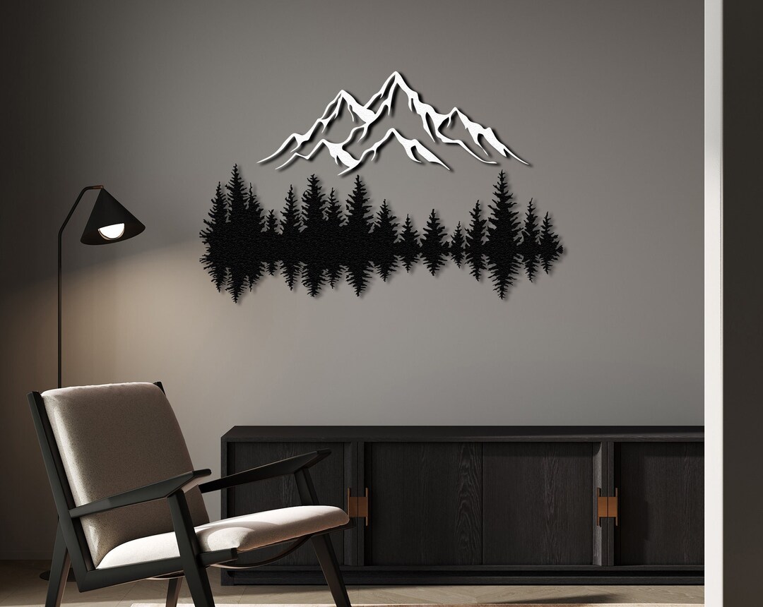 Mountain and Forest Metall Wall Art, Extra Large Wall Art, Pine Tree