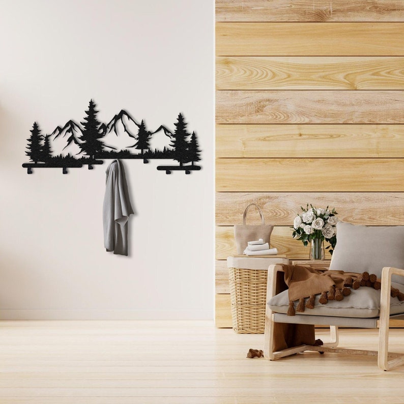 Mountain Coat Rack Wall Mount Rustic, Clothing Hangers, Metal Wall Decor, Entryway Organizer, Rv Decor, Home Decor, Nature Wall Art, Gift Black