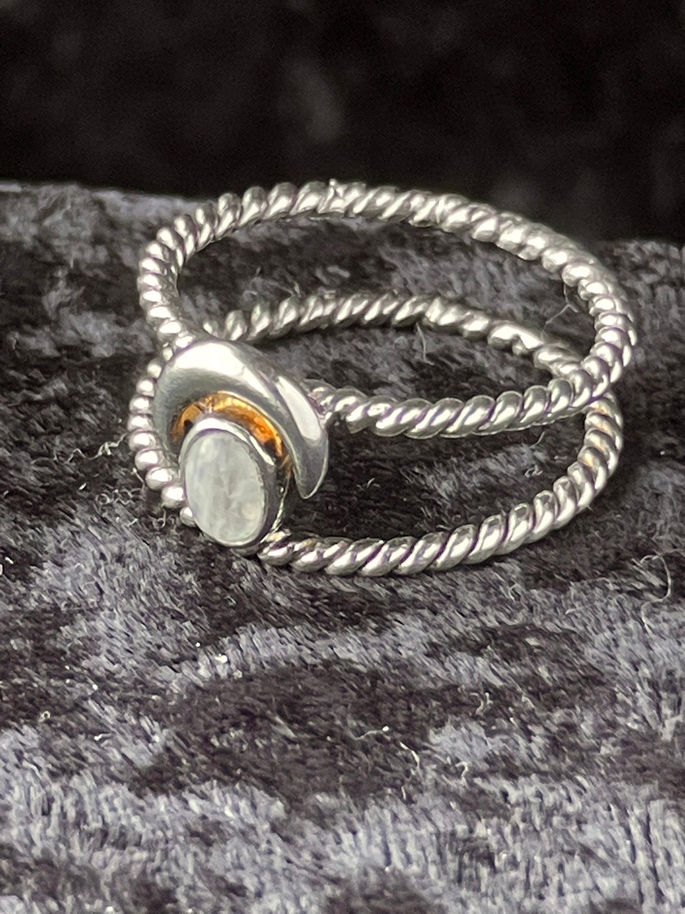 Vintage 925 Silver Moonstone and Crescent Moon Double Band