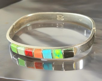 Vintage Taxco Sterling Silver Multi Gemstone Hinged Bangle
