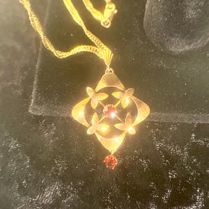 May include: A gold-toned necklace with a pendant featuring a central red gemstone and four stylized floral elements. The pendant is suspended from a delicate, twisted chain. A smaller red gemstone dangles from the bottom of the pendant.