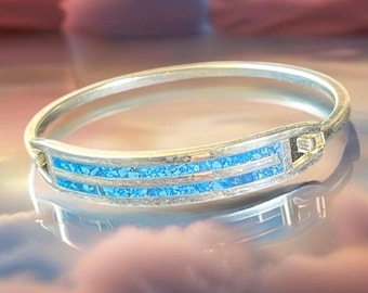 Mexico Alpaca Silver Bangle Bracelet Crushed Turquoise Inlay  display picture 1