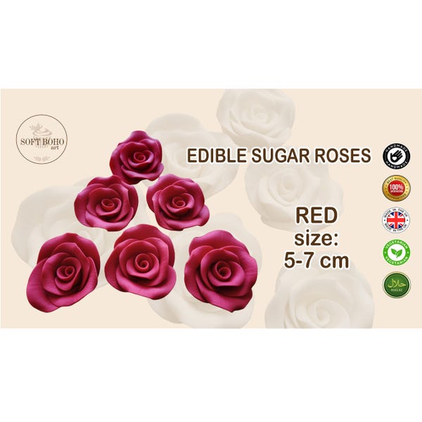 Edible Sugar Roses: Red Cake Toppers, Handmade High Grade Flowers