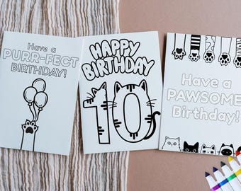 Cat Birthday Cards to Color: 20 Printable 5x7" Designs (Digital Download)
