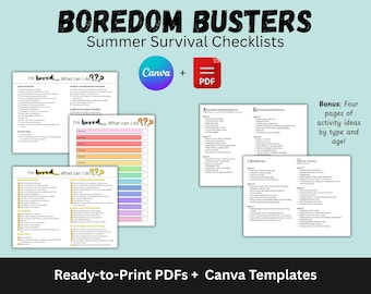 Boredom Busters Checklist Kit: Kids' Activities, Printable PDFs & Canva Templates