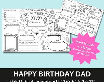 Happy Birthday Dad Coloring Page: Printable Kids Activity (PDF Download, 2 Sizes)