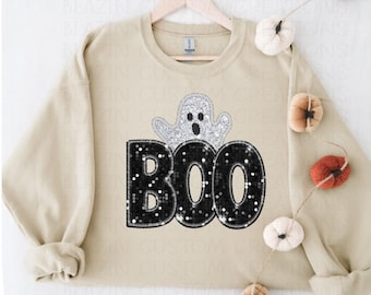 Sudadera con bordado de purpurina sintética BOO/ Sudadera con transferencia DTF para Halloween