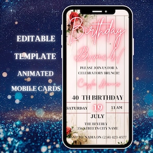 Verjaardagsbrunch uitnodigingsbericht, 40e verjaardag, Rose uitnodigingsvideo voor vrouwen, 40e ecard, geanimeerde verjaardagsuitnodiging, verjaardagsfeestje