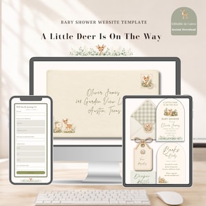 Puede incluir: Una plantilla de sitio web para baby shower con temática de ciervo en tonos verde suave y crema. La pantalla muestra un sobre, tarjetas de invitación y un formulario de confirmación con el texto A Little Deer Is On The Way y Baby Shower.