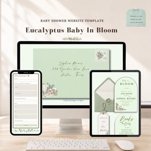 Puede incluir: Una plantilla de sitio web para baby shower titulada Eucalyptus Baby In Bloom, mostrada en un monitor de computadora, teléfono inteligente y tableta. El diseño incluye sobres verde claro, tarjetas de invitación arqueadas y gráficos florales.