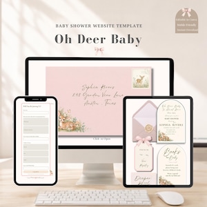 Pode incluir: Um modelo de site para chá de bebê intitulado Oh Deer Baby exibido em um monitor de computador, smartphone e tablet. As telas mostram um envelope rosa, um formulário de confirmação e convites em arco com ilustrações de cervos e texto.