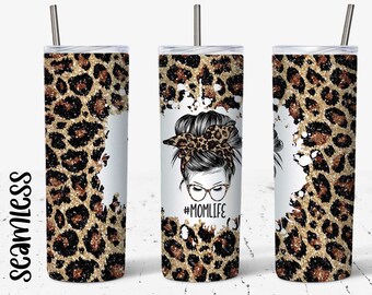 20 OZ Glitter Leopard Teacher Life Messy Bun Sublimation Skinny Tumbler ...