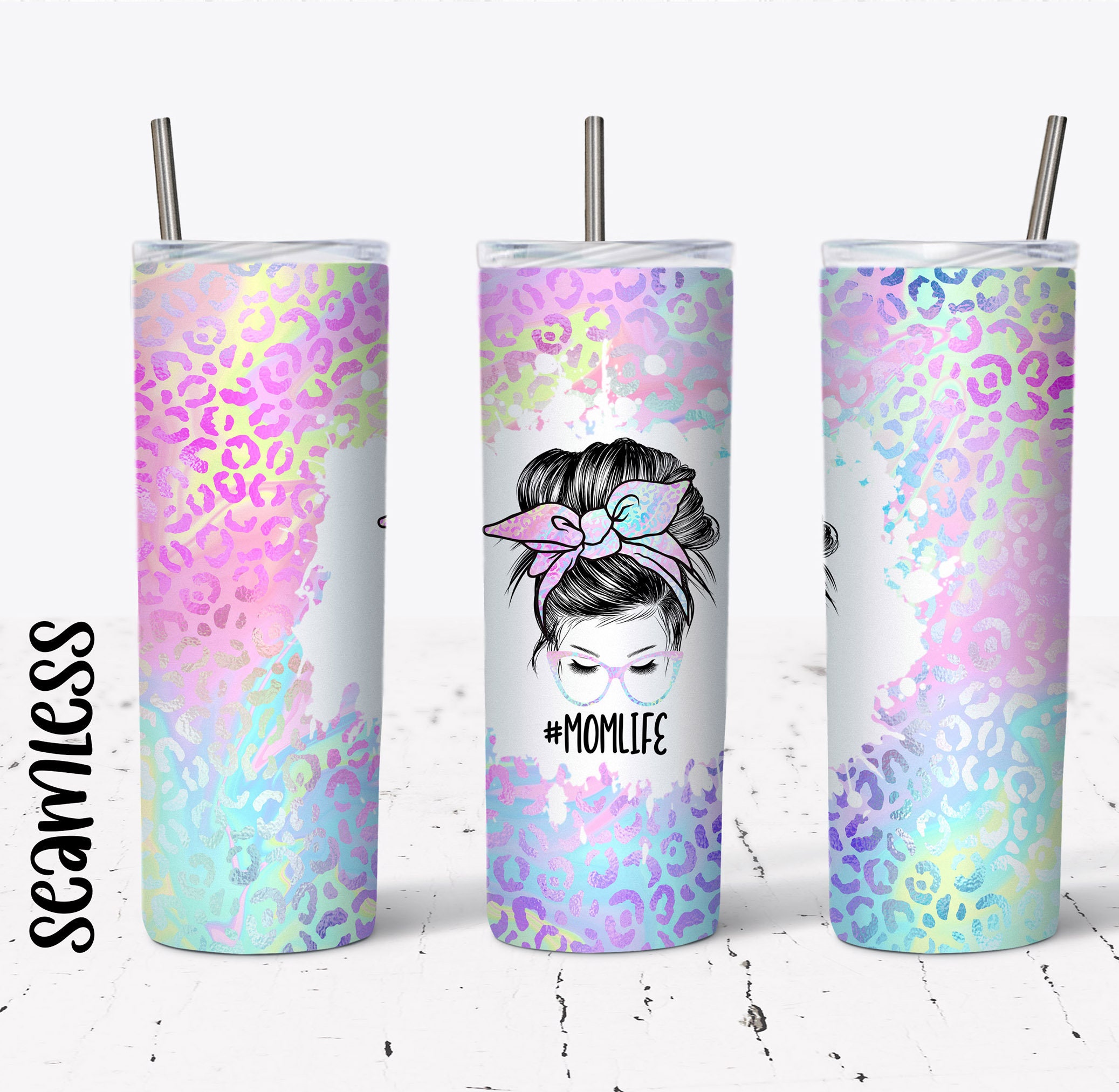 20 OZ Iridescent Leopard Mom Life Messy Bun Sublimation Skinny Tumbler ...