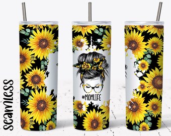 20 OZ Sunflower Mom Life Messy Bun  Sublimation Skinny Tumbler Design - Straight Sublimation Wrap Design - Tumbler PNG