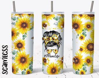 20 OZ Sunflower Mom Life Messy Bun  Sublimation Skinny Tumbler Design - Straight Sublimation Wrap Design - Tumbler PNG