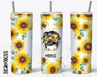 20 OZ Sunflower Mom Life Messy Bun  Sublimation Skinny Tumbler Design - Straight Sublimation Wrap Design - Tumbler PNG