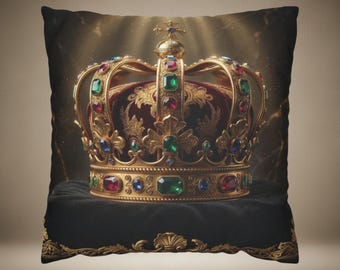 King Crown Throw Pillow | Royal Luxury Decor | Black Gold Regal Accent | Baroque Palace Style | Majestic Crown Art Pillow