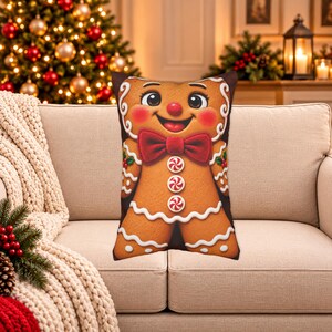 Gingerbread Man Lumbar Pillow, Reversible Christmas Cookie Character, Holiday Baking Decor, Insert Included