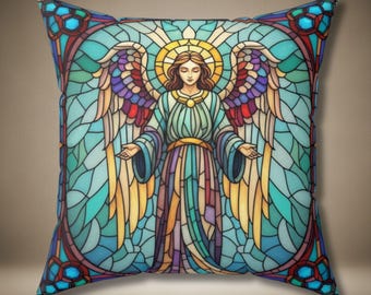 Stained Glass Angel Throw Pillow | Religious Art Faith Decor, Unique Gift for Spiritual Homes, Church Leaders, and Christian Art Enthusiasts