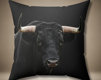 Powerful Black Bull Throw Pillow, Rustic Farmhouse Animal Art, Unique Gift for Taurus Zodiac Fans, Western Decor Lovers, and Country Accents